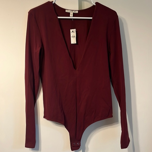 Express Burgundy long sleeve low cut body suit - Picture 1 of 5